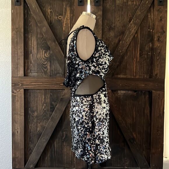 Masquerade sequin cut out mesh cocktail party mini dress Sz-3/4 - Picture 5 of 9